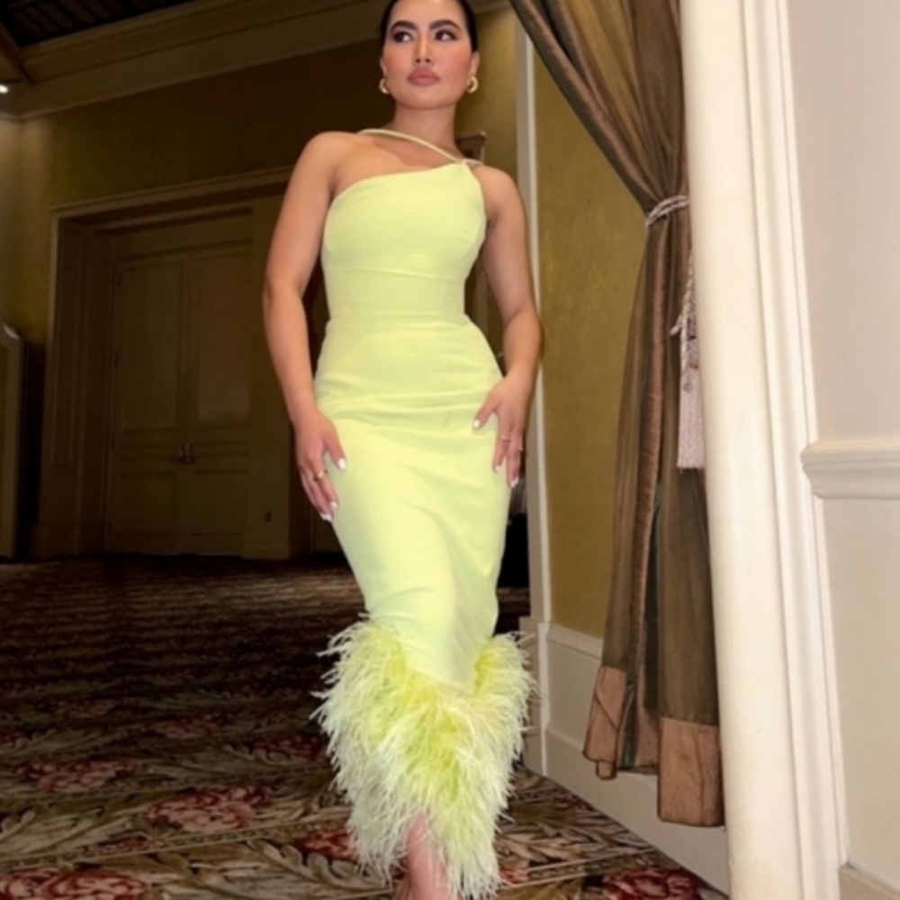 House of CB Lemon Chartreuse One-Shoulder Feather Hem Maxi Dress